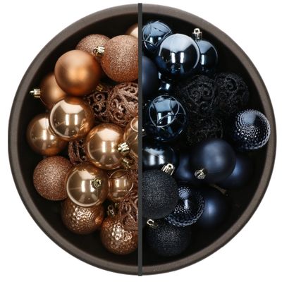74x stuks kunststof kerstballen mix van donkerblauw en camel bruin 6 cm