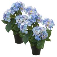 Hortensia kunstplant in kunststof pot - Set van 2x stuks - blauw - 40 cm - Hydrangea Macrophylla