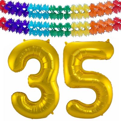 Grote folie ballonnen cijfer 35 in het goud 86 cm en 2x feestslingers Grote folie ballonnen cijfer 35 in het goud 86 cm en 2x feestslingers
