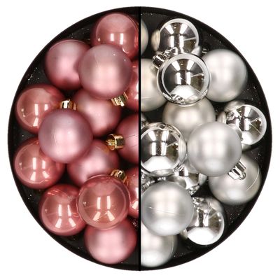 32x stuks kunststof kerstballen mix van oudroze en zilver 4 cm
