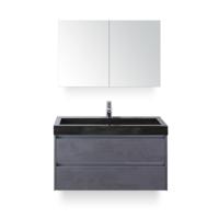 Dante Badmeubelset 100 cm - Beton Antraciet - Wastafel Hardsteen Wit Lucca - met Spiegelkast