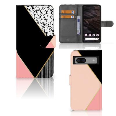 Google Pixel 7A | Book Case | Zwart Roze Vormen Google Pixel 7A | Book Case | Zwart Roze Vormen