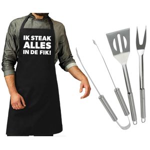 BBQ/barbecue gereedschap set 3-delig RVS met zwart schort Ik steak alles in de fik!