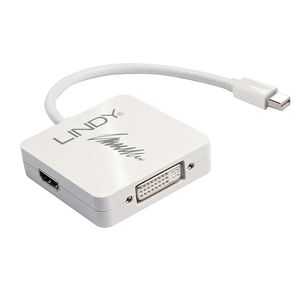 LINDY 41039 Mini-displayport / DisplayPort / DVI / HDMI Converter [1x Mini-DisplayPort stekker - 3x DisplayPort bus, DVI-bus 24+5-polig, HDMI-bus] Wit 0.2 m
