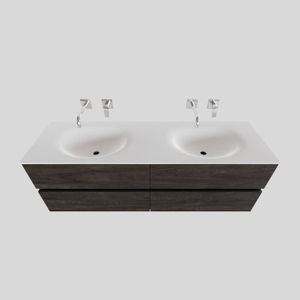 Badkamermeubel Solid Surface BWS Stockholm 150x46 cm Dubbel Wood Dark Brown 4 Laden (0 kraangaten)