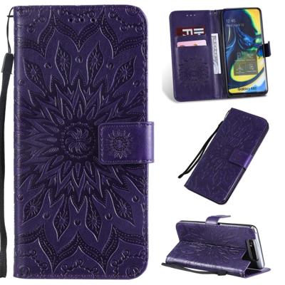 Gedrukt afdrukken zonnebloem patroon horizontale Flip PU lederen case voor Galaxy A80 met houder & kaartsleuven & portemonnee & Lanyard (paars)