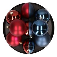 12x stuks kunststof kerstballen 8 cm mix van donkerrood en donkerblauw - Kerstbal - thumbnail