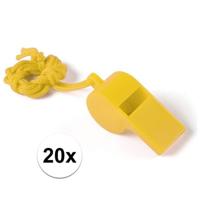 Fluitjes van kunststof - Multipack van 20x stuks - geel - aan koordje - herrie maken - sport