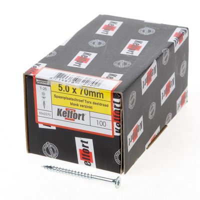 Kelfort Spaanplaatschroef platverzonken kop verzinkt T25 deeldraad 5.0 x 70mm Kelfort Spaanplaatschroef platverzonken kop verzinkt T25 deeldraad 5.0 x 70mm