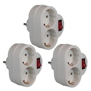 Pakket van 3x stuks stopcontact splitters dubbel met randaarde en schakelaar wit