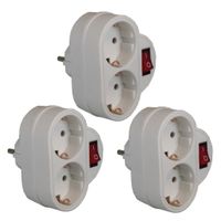 Pakket van 3x stuks stopcontact splitters dubbel met randaarde en schakelaar wit