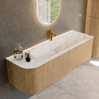Mondiaz KURVE-DLUX 145 cm Onderkast Greeploos 1 Lade Met Deuren Oak, Wastafel Solid Surface Rechts Frappe 1 Kraangat Zonder Spiegel (KRVBGL145L1L1D1KR-Oak/Fra)