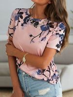 Casual Crew Neck Cotton Blends Short Sleeve Floral T-Shirt - thumbnail