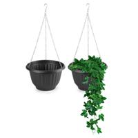 Plasticforte Plantenpot - 2x - hangend - kunststof - antraciet - D25 x H15 cm - bloempot aan ketting Plasticforte Plantenpot - 2x - hangend - kunststof - antraciet - D25 x H15 cm - bloempot aan ketting