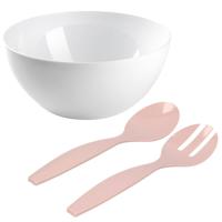 Salade/fruit serveer schaal - wit - kunststof - Dia 28 cm - met roze sla couvert/bestek - Serveerschalen - thumbnail