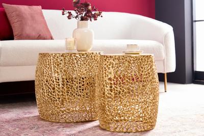 Set van 2 filigrane design salontafels ABSTRACT LEAF goud handgemaakt metaal rond - 43224