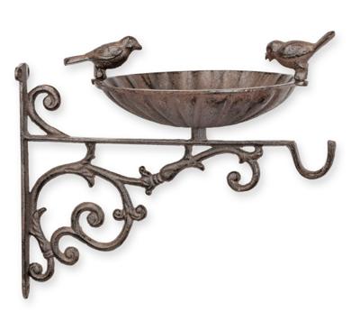 A CAST IRON WALL MOUNT BIRD BATH WITH HOOK