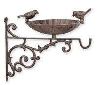 A CAST IRON WALL MOUNT BIRD BATH WITH HOOK