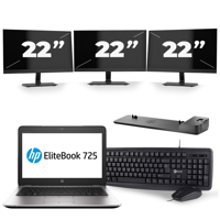 HP EliteBook 725 G3 - AMD PRO A12-8800B - 12 inch - 8GB RAM - 240GB SSD - Windows 11 + 3x 22 inch Monitor