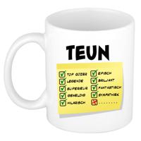 Naam mok Teun - wit - top gozer - keramiek - 300 ml - cadeau collega beker