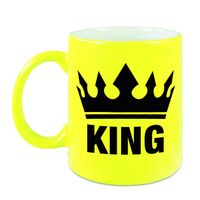 Cadeau King mok/ beker fluor neon geel met zwarte bedrukking 300 ml - feest mokken - thumbnail