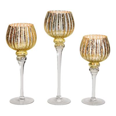 Windlichtset kelkvormig, geribbeld, 30/35/40 cm x Ø13 cm, goudkleurig glas, set van 3