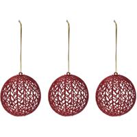 Draad kerstbal - rood glitter - 3x - kunststof - 9 cm - kerstboomversiering - kerstversiering