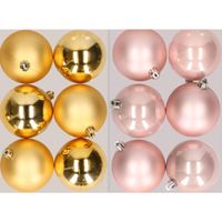 12x stuks kunststof kerstballen mix van goud en lichtroze 8 cm   -