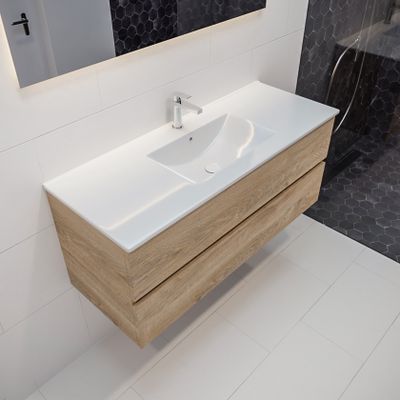 Mondiaz Vica Denia badmeubel eiken licht 120 cm 2 lades keramiek enkele spoelbak midden 1 kraangat