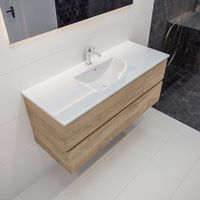 Mondiaz Vica Denia badmeubel eiken licht 120 cm 2 lades keramiek enkele spoelbak midden 1 kraangat