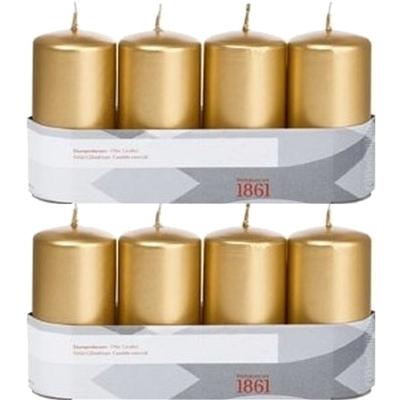 Trend Candles Cilinderkaarsen - 8x - goud - 5 x 10 cm - 18 branduren - geurloos - wax - kaarsen
