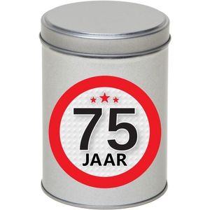 Zilver bewaarblik/opbergblik 13 cm met 75 jaar sticker