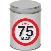 Zilver bewaarblik/opbergblik 13 cm met 75 jaar sticker - thumbnail