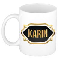 Karin naam / voornaam kado beker / mok met goudkleurig embleem   - - thumbnail