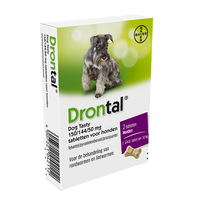 Drontal Dog Tasty 150/144/50 mg ontwormingsmiddel hond S/M 2 tbl Drontal Dog Tasty 150/144/50 mg ontwormingsmiddel hond S/M 2 tbl