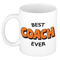 Best coach ever cadeau mok / beker wit met oranje cartoon letters 300 ml - thumbnail