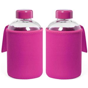 Glazen waterfles/drinkfles softshell bescherm hoes - 2x - roze - 600 ml - Sportfles - Bidon