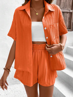 Plain Shirt Collar Casual Loose Two-Piece Set