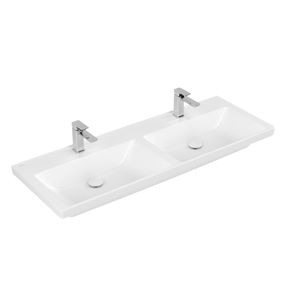 Wastafel Villeroy & Boch Subway 3.0 Dubbele Wasbak Met CeramicPlus 2 Kraangaten Zonder Overloop 130x47x16.5 cm Stone White