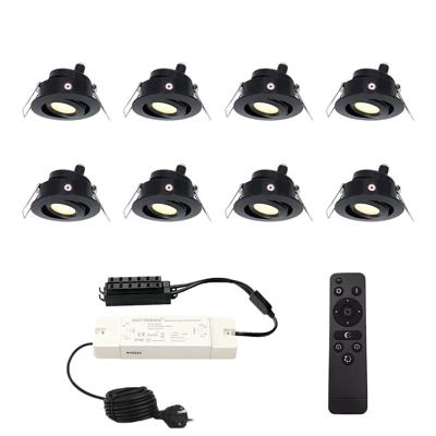 Set met 8 Sienna 12V inbouwspots - 3 Watt 200 lumen - 2700K warm wit - Zwart - IP44 waterdicht - kantelbaar - verandaspots - met afstandsbediening