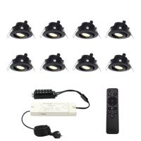 Set met 8 Sienna 12V inbouwspots - 3 Watt 200 lumen - 2700K warm wit - Zwart - IP44 waterdicht - kantelbaar - verandaspots - met afstandsbediening