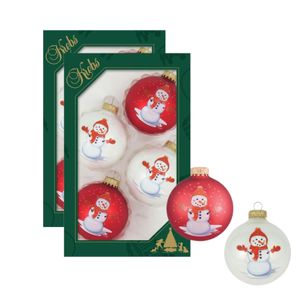 8x stuks luxe glazen kerstballen 7 cm wit en rood met sneeuwpop