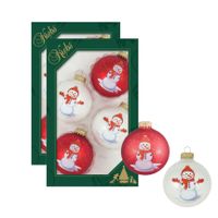 8x stuks luxe glazen kerstballen 7 cm wit en rood met sneeuwpop - thumbnail