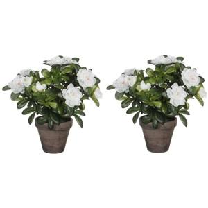 Mica Decorations Kunstplant - 2x - Azalea - groen/wit - 27 cm - Met mooie bloemen