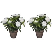 Mica Decorations Kunstplant - 2x - Azalea - groen/wit - 27 cm - Met mooie bloemen