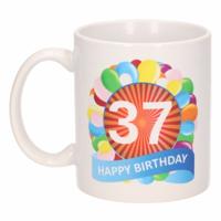 37 jaar Verjaardag koffiemok - cadeau beker - feestelijke ballonnen print - 300 ml - keramiek - wit