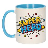 Super hero cadeau mok / beker wit en blauw met sterren 300 ml - thumbnail