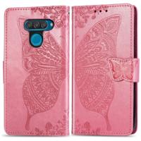 Vlinder liefde bloemen reliëf horizontale Flip lederen case voor LG q60 met houder & card slots & portemonnee & Lanyard (roze)