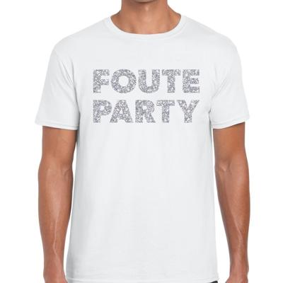 Foute party tekst t-shirt - wit - voor heren - met zilver glitters print - feestkleding