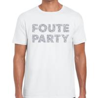 Foute party tekst t-shirt - wit - voor heren - met zilver glitters print - feestkleding